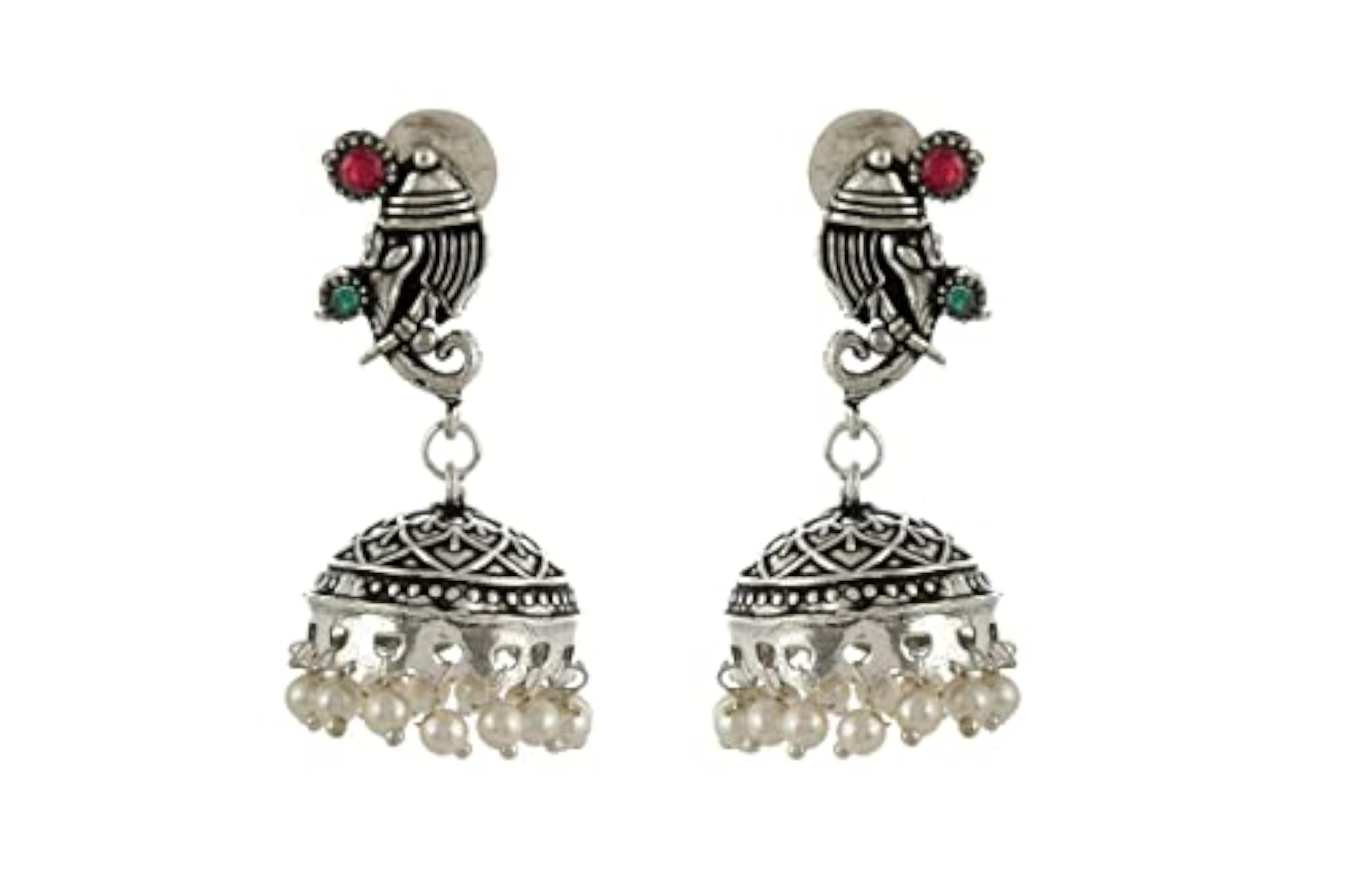 Oxidized Elephant Theme Rakhi Necklace Set Red & Green Stone Earrings